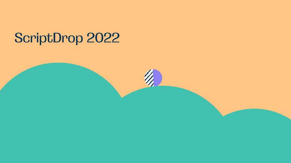 A purple-and-white circle rolls down three seafoam green curves that look like hills. The background is goldenrod yellow with text reading 