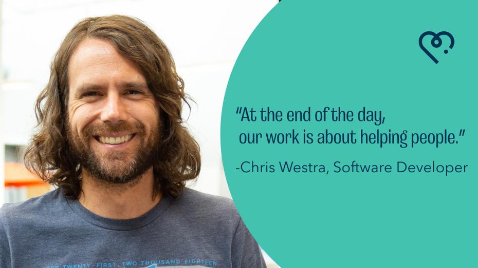On the left, a headshot of Chris Westra, a Caucasian man with a big smile, shoulder-length brown hair, and a gray shirt. On the right, a curved sea foam green shape has a quote: 