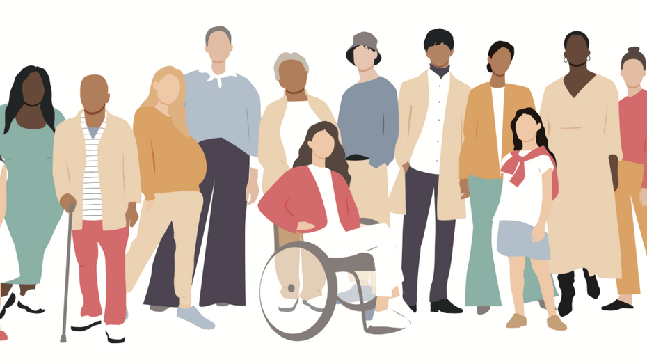 A flat illustration of a group of people. Their faces do not have features, but it is clear that the people are of many ages, races, genders, and sizes. 
