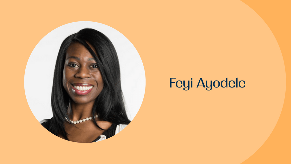 A goldenrod background with a photo of Feyi Ayodele. She is smiling brightly at the camera. Her hair is relaxed and worn long, framing her face.