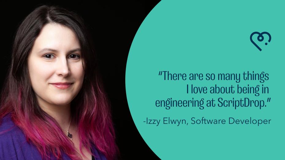 On the left, a headshot of Izzy Elwyn, a Caucasian woman with a kind face, brown hair dyed pink at the ends, and a purple shirt. On the right, a curved sea foam green shape has a quote: 