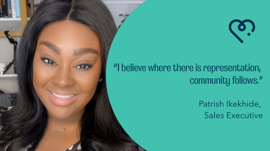 The left image is a photo of Patrish, smiling at the camera. On the right is a seafoam green shape with a quote from Patrish, reading, 